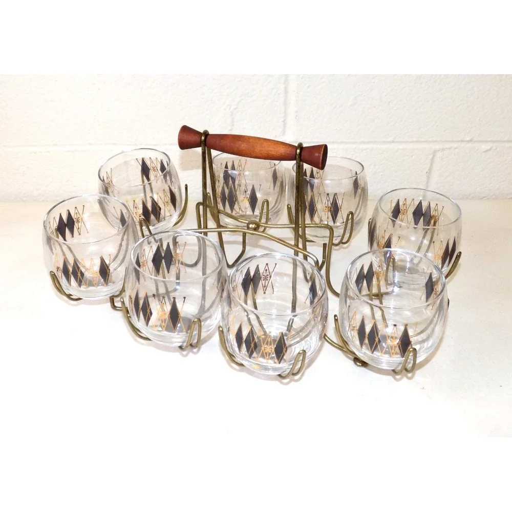 Federal Glass Harlequin Roly Poly Glasses Caddy Set MCM Atomic Barware 9 Pc
